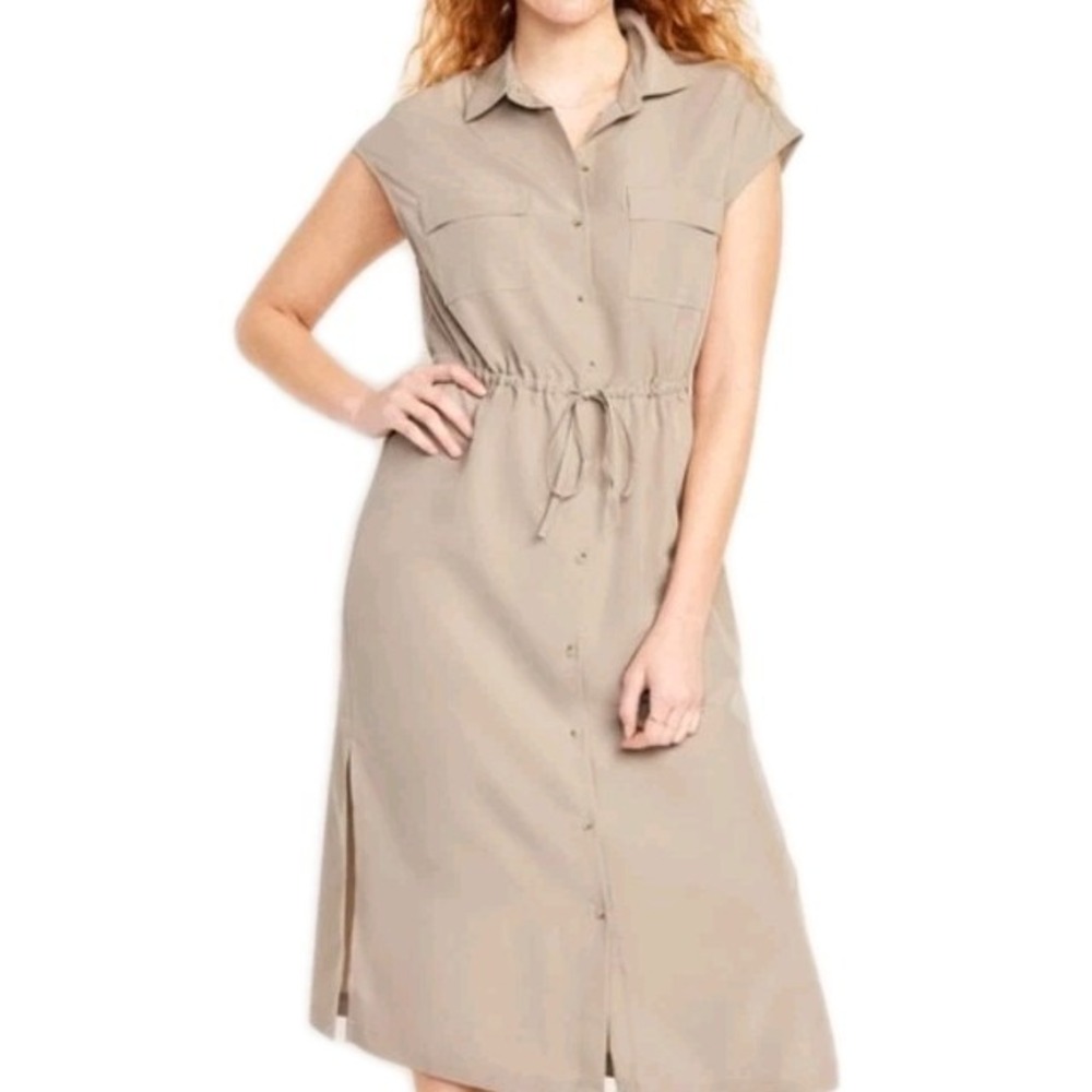 NWT Old Navy Dress Size M Waist Defined Utility Neutral Casual Beige Shirt Dress